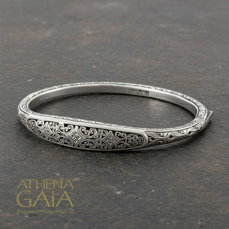 Mediterranean Silver Bracelet - Sterling Silver - Hinged Bangle Bracelet