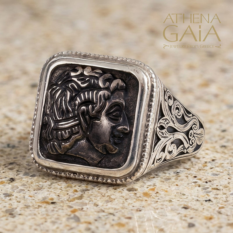 Alexander the Great Ring - Sterling Silver & Blackened Bronze - Signet Ring