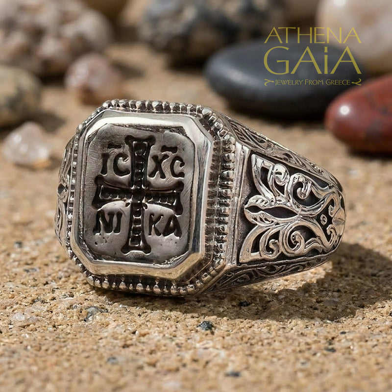 ICXC NIKA Cross Ring - Sterling Silver & Blackened Bronze - Signet Ring