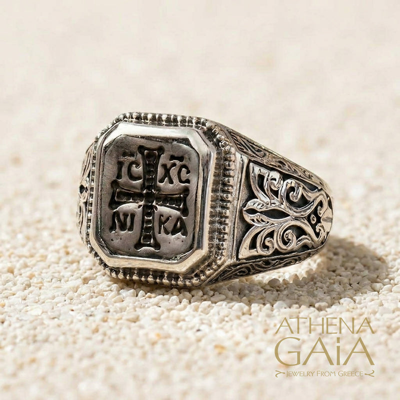 ICXC NIKA Cross Ring - Sterling Silver & Blackened Bronze - Signet Ring