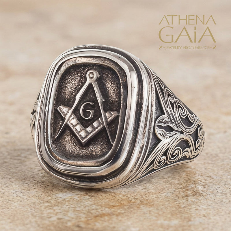 Masonic Square and Compass Ring - Sterling Silver & Blackened Bronze - Signet Ring