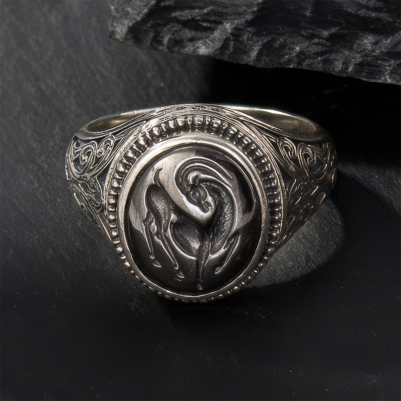 Antelope Signet Ring - Handcrafted Sterling Silver & Blackened Bronze