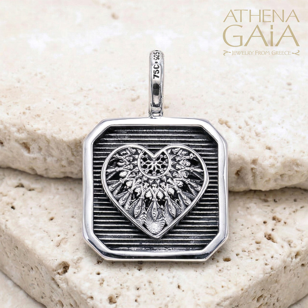 Heart Dream Catcher Square Pendant - Sterling Silver - Talisman