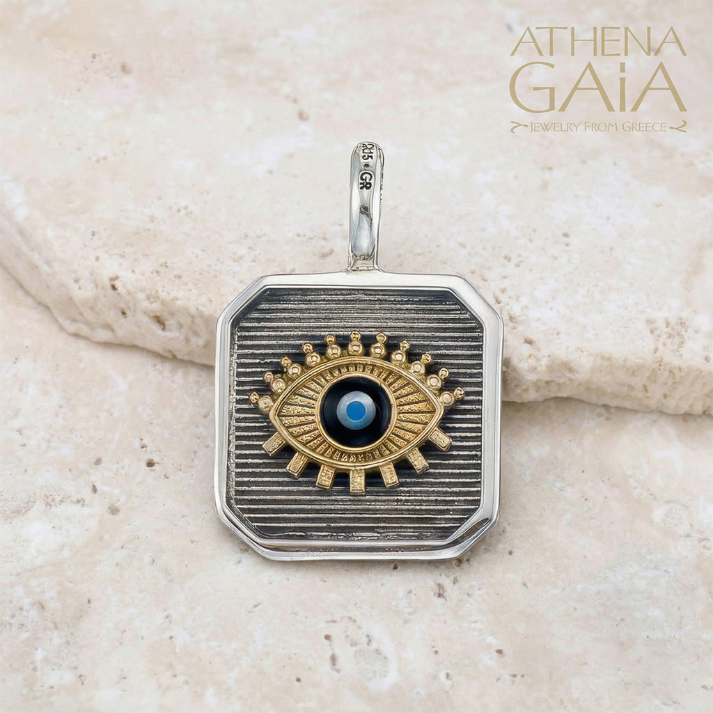 Evil Eye Square Pendant - 18k Gold & Sterling Silver - Talisman