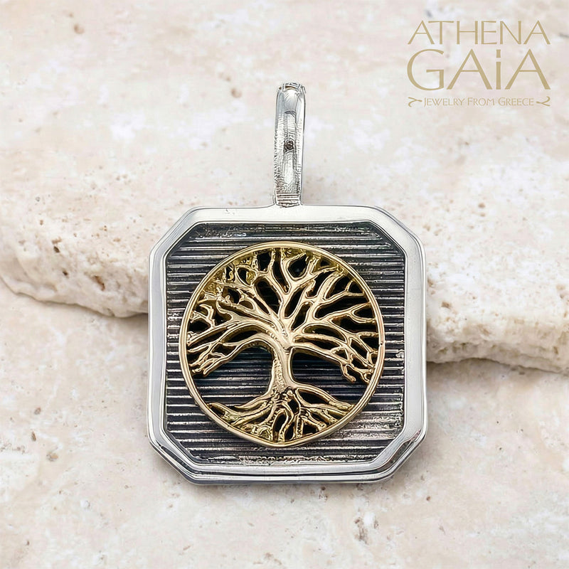 Tree of Life Square Pendant - 18k Gold & Sterling Silver - Talisman
