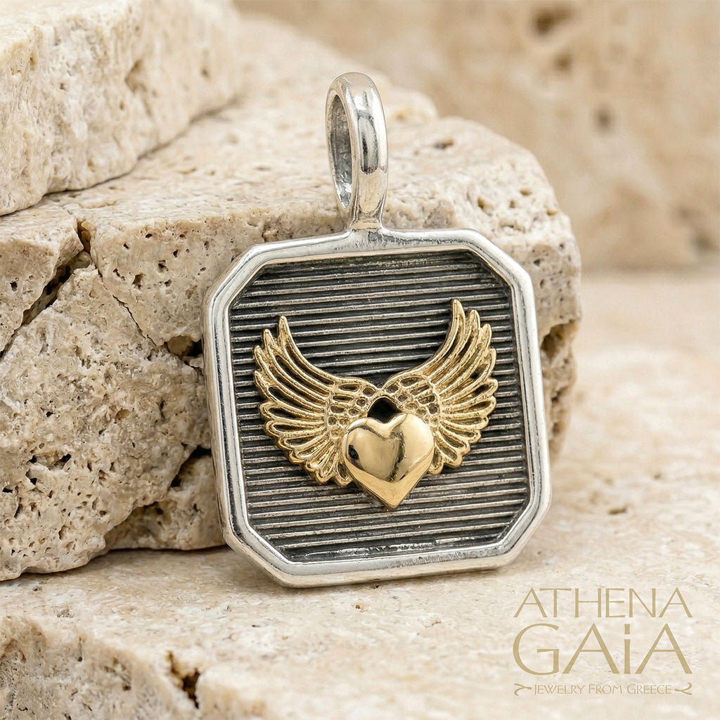 Winged Heart Square Pendant - 18k Gold & Sterling Silver - Talisman