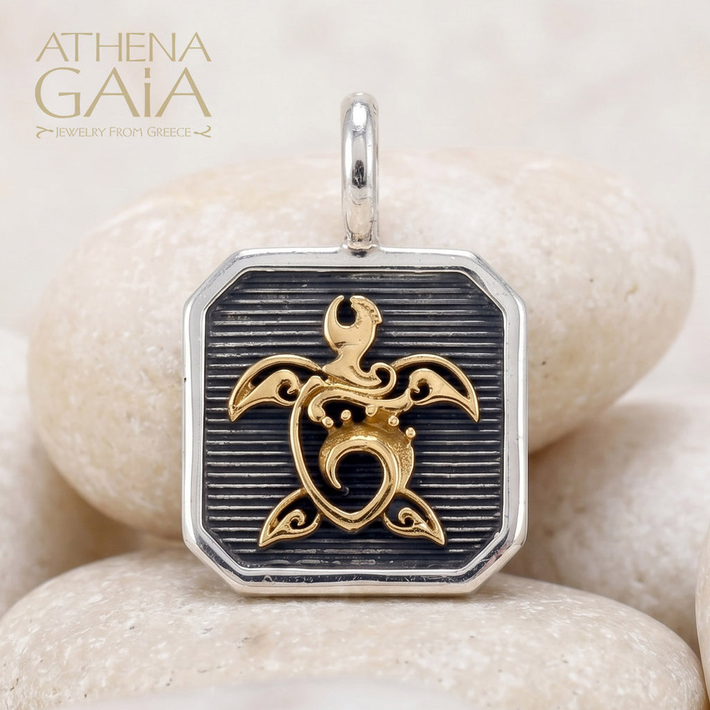 Turtle Square Pendant - 18k Gold & Sterling Silver - Talisman