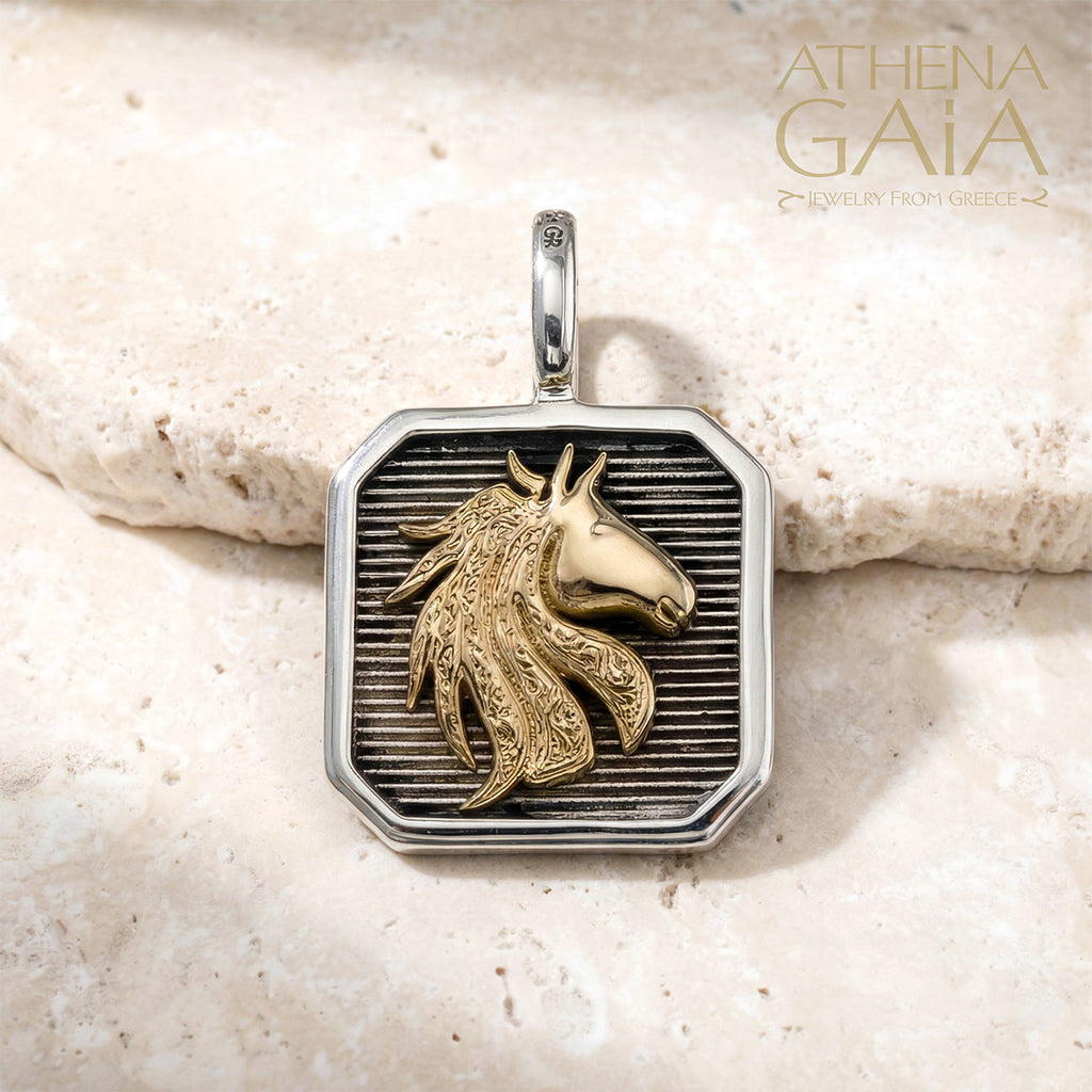 Horse Square Pendant - 18k Gold & Sterling Silver - Talisman