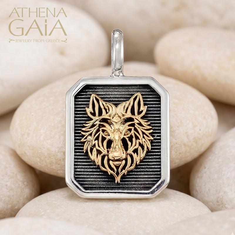 Wolf Square Pendant - 18k Gold & Sterling Silver - Talisman
