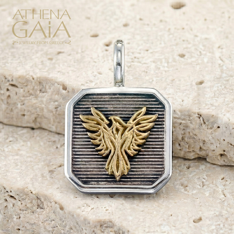 Phoenix Talisman Square Pendant - 18k Gold & Sterling Silver - Talisman