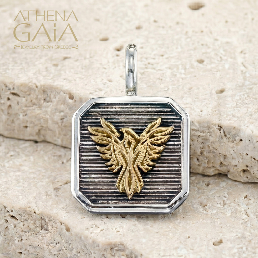 Phoenix Talisman Square Pendant - 18k Gold & Sterling Silver - Talisman