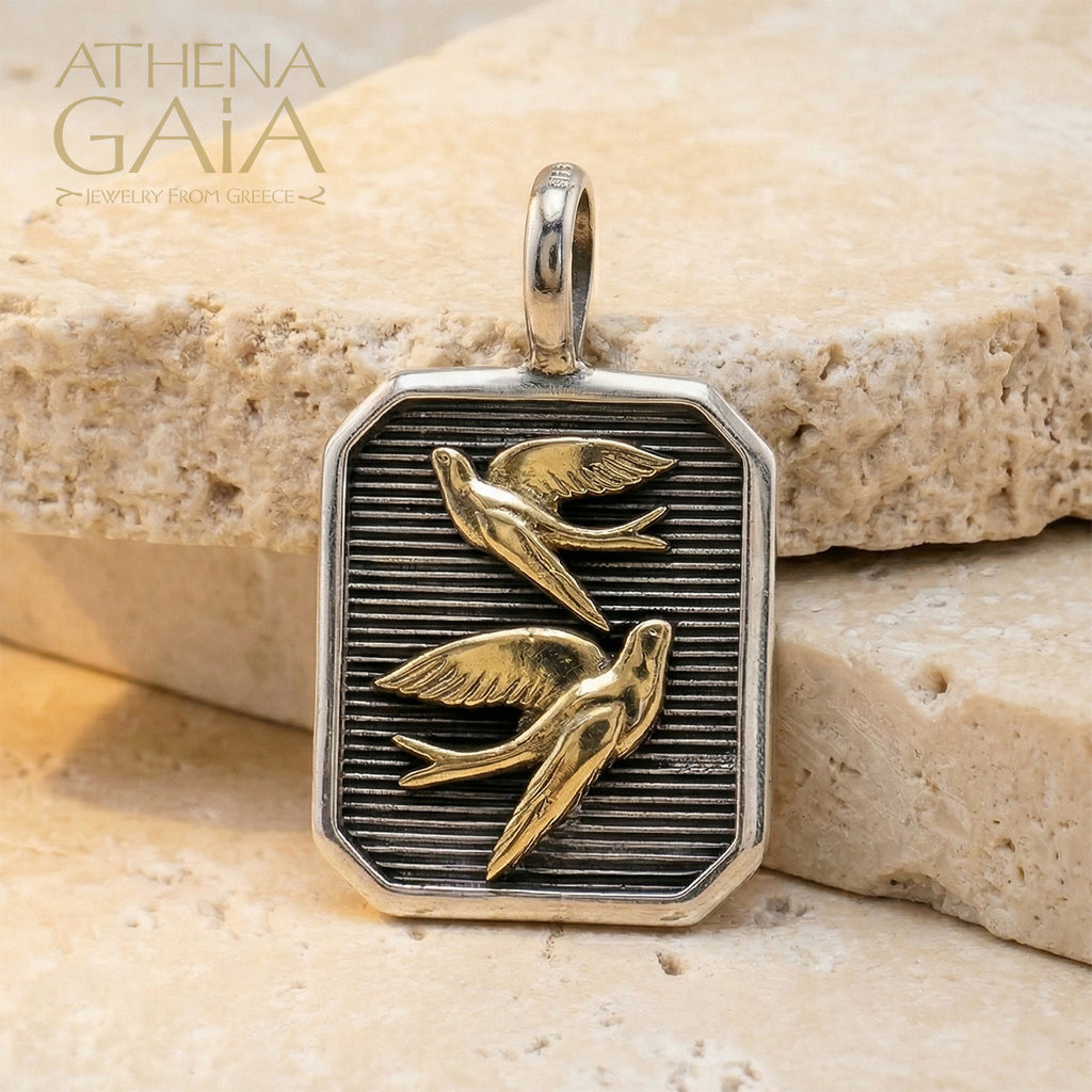 Swallows Square Pendant - 18k Gold & Sterling Silver - Talisman