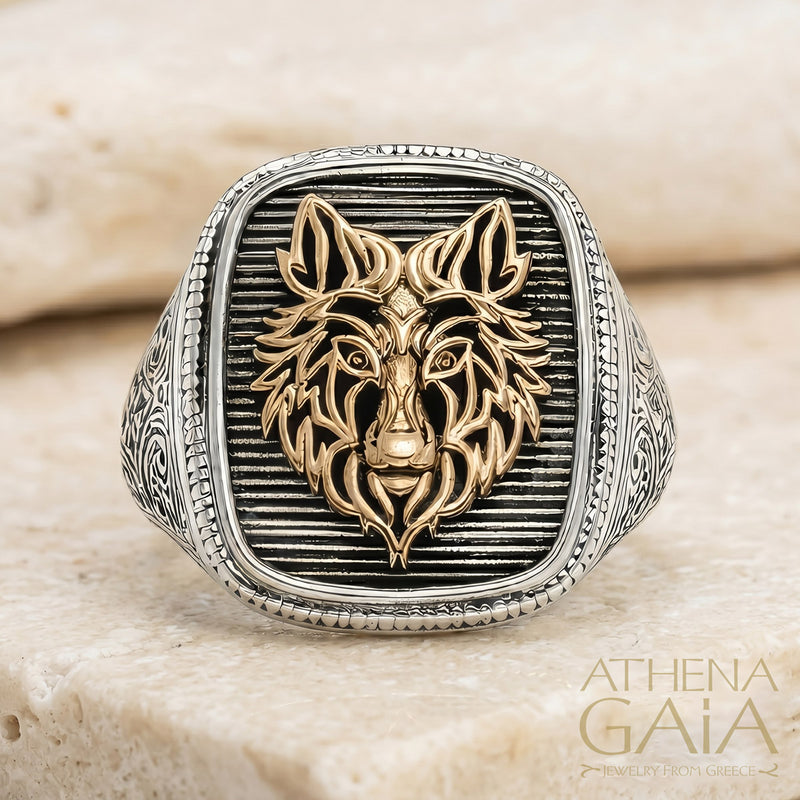 Wolf Talisman Wide Band Ring - 18k Gold & Sterling Silver - Signet Ring