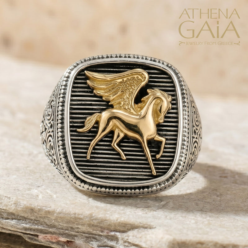Pegasus Talisman Wide Band Ring - 18k Gold & Sterling Silver - Signet Ring