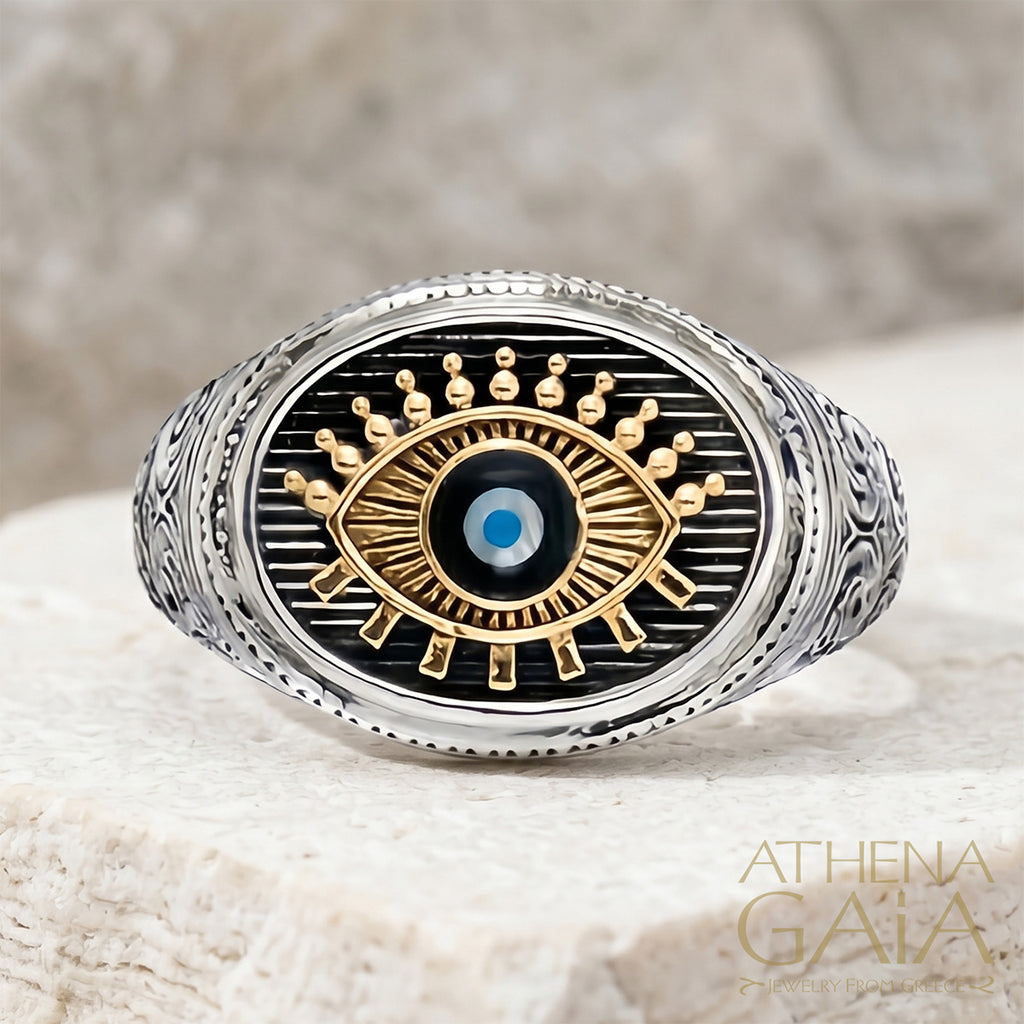 Oval Evil Eye Talisman Wide Band Ring - 18k Gold & Sterling Silver - Signet Ring