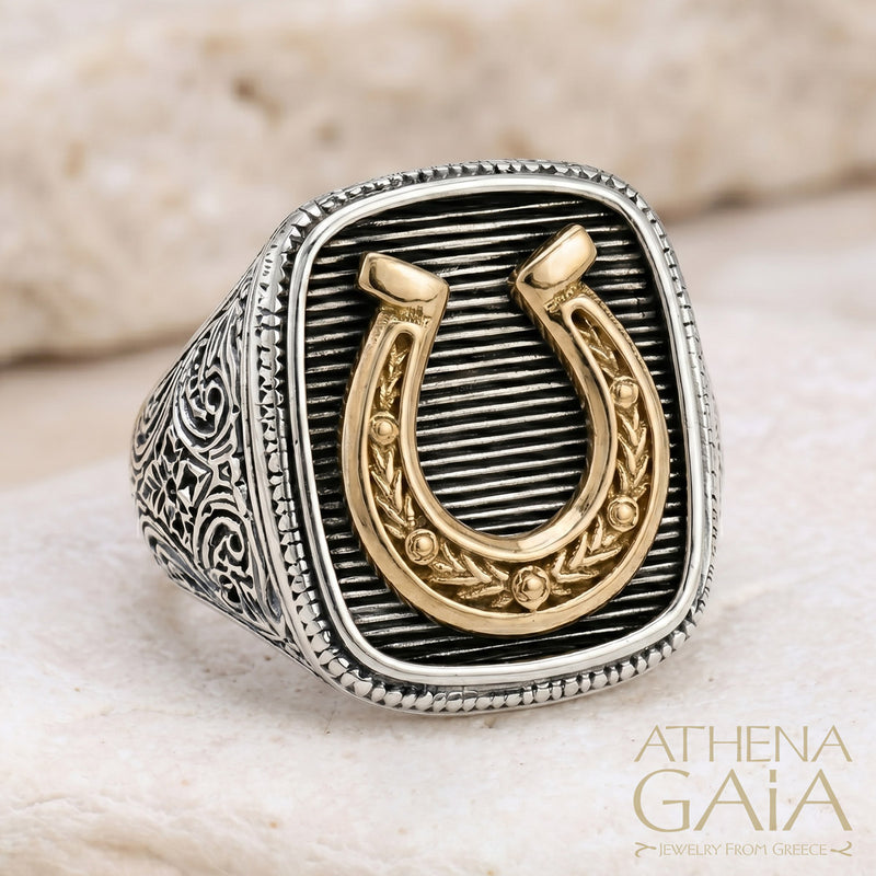 Horseshoe Talisman Wide Band Ring - 18k Gold & Sterling Silver - Signet Ring