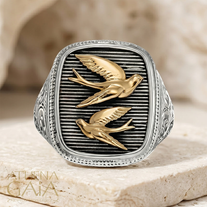 Twin Swallows Talisman Wide Band Ring - 18k Gold & Sterling Silver - Signet Ring