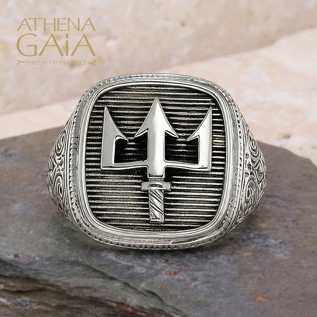 Poseidon’s Trident Talisman Ring - Sterling Silver Ring - Signet Ring