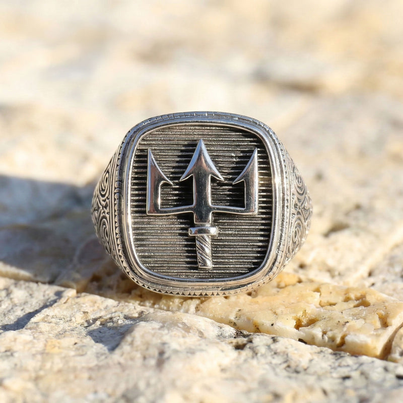 Poseidon’s Trident Talisman Ring - Sterling Silver Ring - Signet Ring