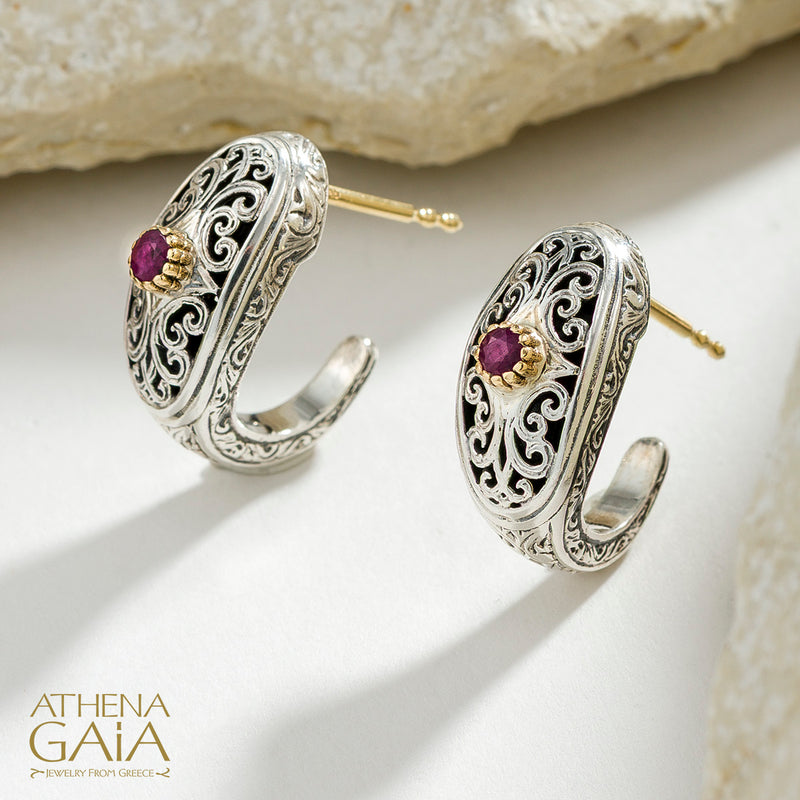 Simplicity Mediterranean Filigree with Gemstone Half Hoops - 18k Gold & Sterling Silver - Post Earrings