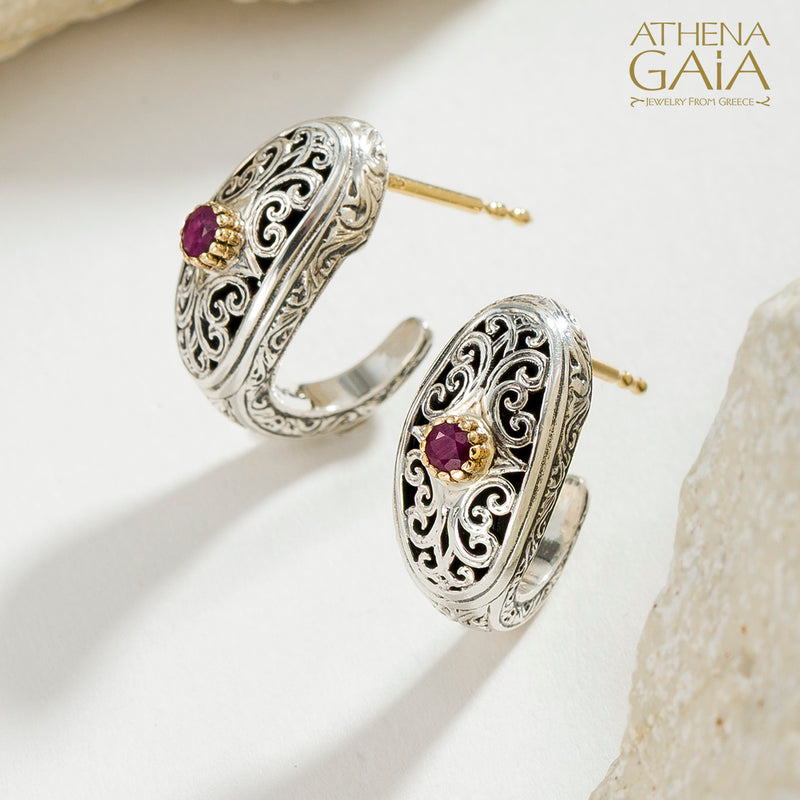 Simplicity Mediterranean Filigree with Gemstone Half Hoops - 18k Gold & Sterling Silver - Post Earrings