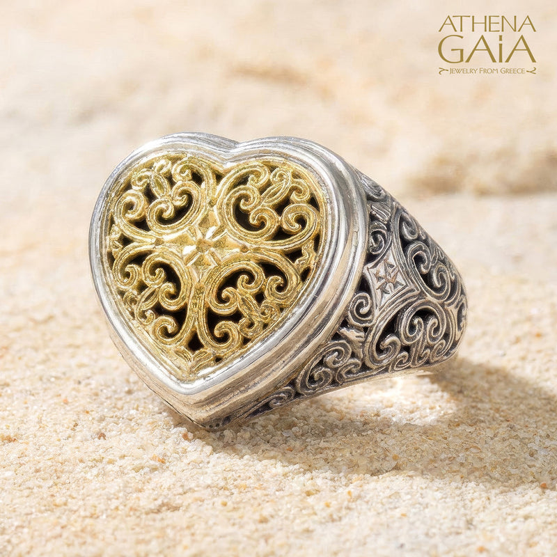 Mediterranean Heart Ring - 18k Gold & Sterling Silver Ring - Club Ring