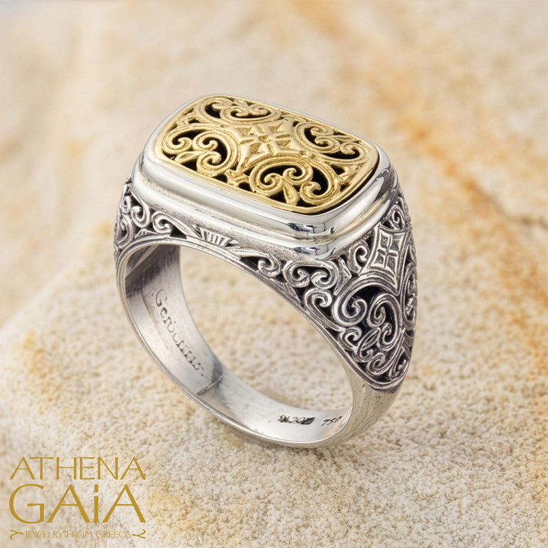 Mediterranean Rectangular Gold Face Ring - 18k Gold & Sterling Silver Ring - Club Ring