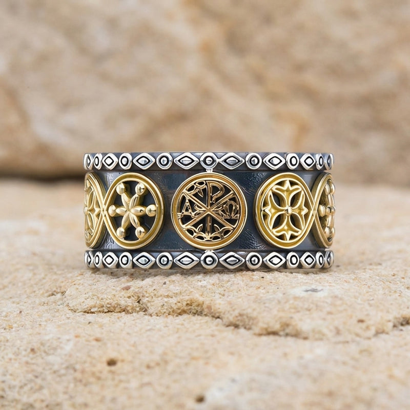 Chi Rho Open Ring - 18k Gold & Sterling Silver Ring - Cigar Band Ring