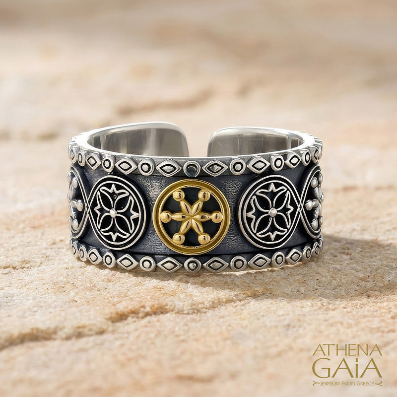 Byzantine Open Ring - 18k Gold & Sterling Silver Ring - Cigar Band Ring