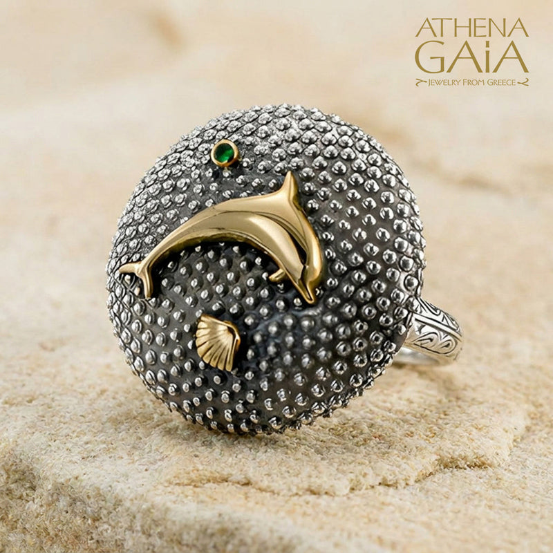 Golden Dolphin Shell Ring - 18k Gold and Sterling Silver Ring - Cocktail Ring