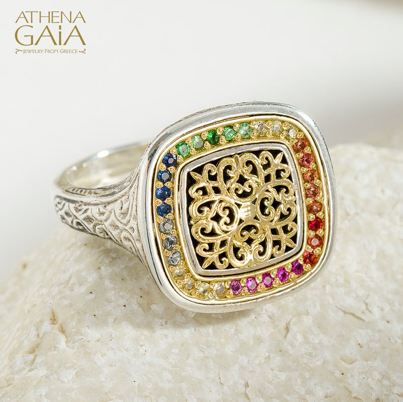 Kosmos Square Ring - 18k Gold & Sterling Silver Ring - Signet Ring
