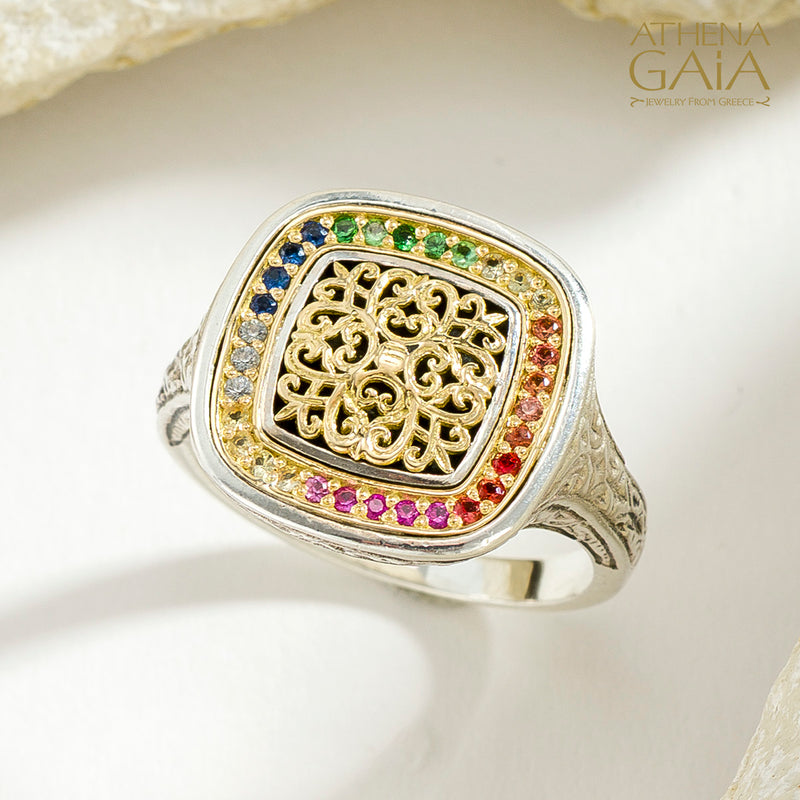 Kosmos Square Ring - 18k Gold & Sterling Silver Ring - Signet Ring