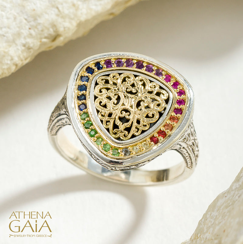 Kosmos Triangle  Ring - 18k Gold & Sterling Silver Ring - Signet Ring
