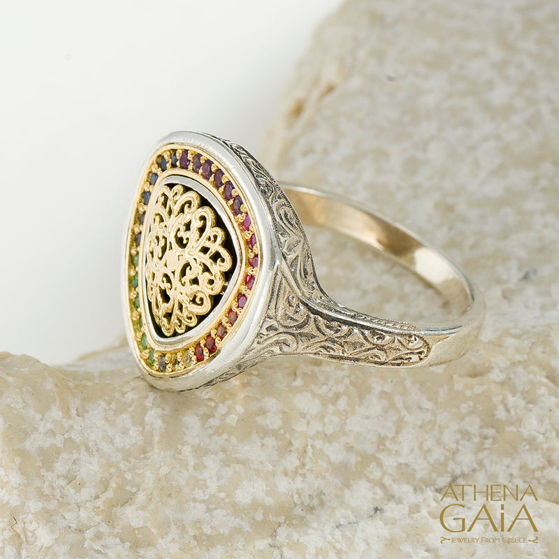 Kosmos Triangle  Ring - 18k Gold & Sterling Silver Ring - Signet Ring