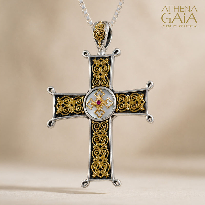 Aretousa Ruby Center Latin Cross (Large) - 18k Gold & Sterling Silver - Orthodox Cross