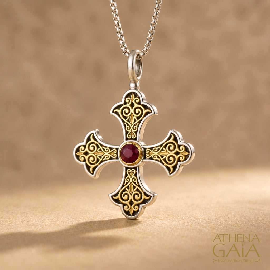 Aretousa Gold Faced Circle Bezel Greek Cross (Medium) - 18k Gold & Sterling Silver - Orthodox Cross