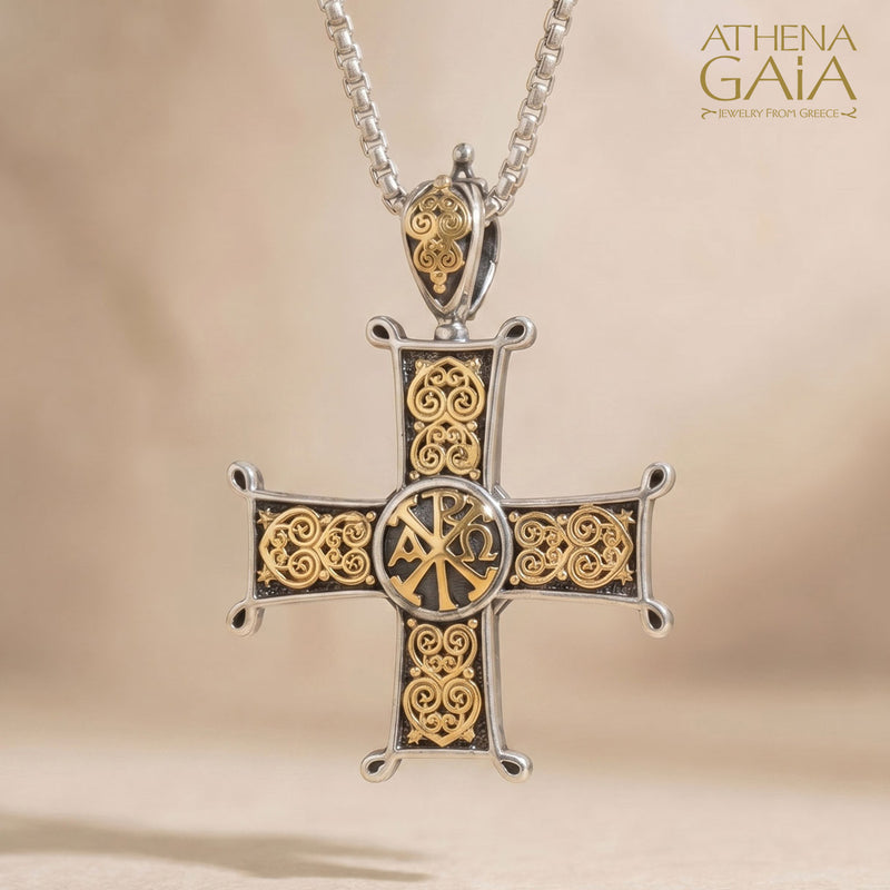 Aretousa Chi Rho Greek Cross (Medium) - 18k Gold & Sterling Silver - Orthodox Cross