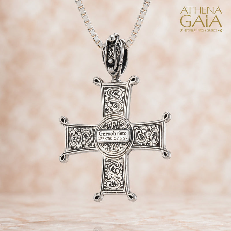 Aretousa Ruby Center Greek Cross (Medium) - 18k Gold & Sterling Silver - Orthodox Cross