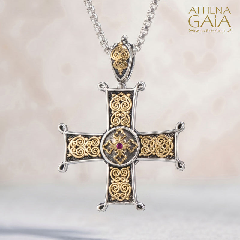 Aretousa Ruby Center Greek Cross (Medium) - 18k Gold & Sterling Silver - Orthodox Cross