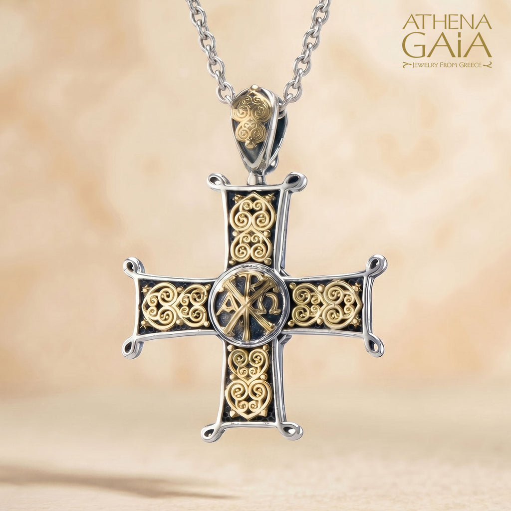 Aretousa Chi Rho Greek Cross (Small) - 18k Gold & Sterling Silver - Orthodox Cross