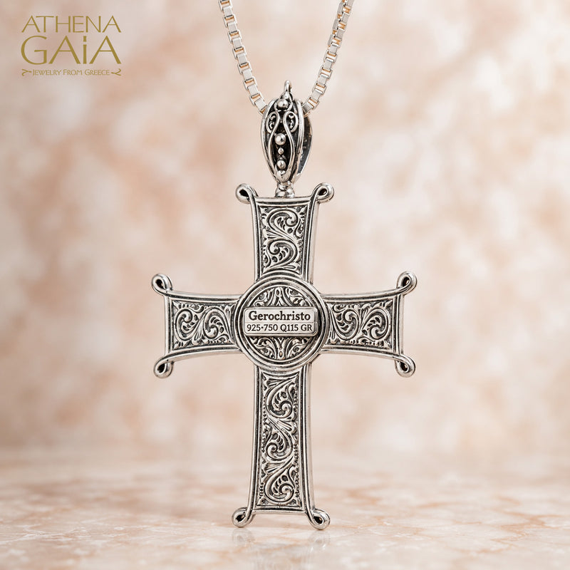 Aretousa Ruby Center Latin Cross (Medium) - 18k Gold & Sterling Silver - Orthodox Cross