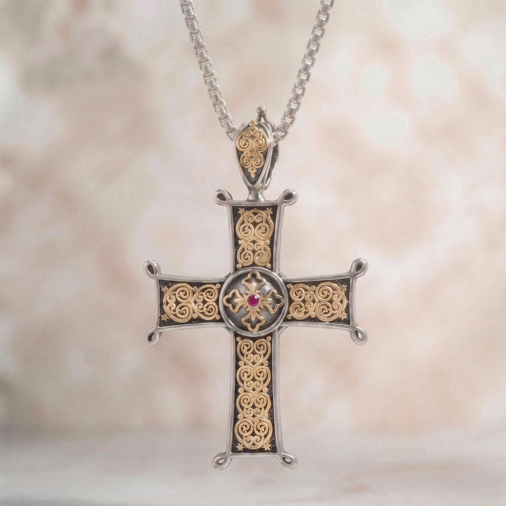 Aretousa Ruby Center Latin Cross (Medium) - 18k Gold & Sterling Silver - Orthodox Cross
