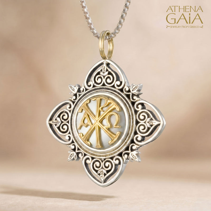 Aretousa Chi Rho Faith Cross (Large) - 18k Gold & Sterling Silver - Cross Pendant