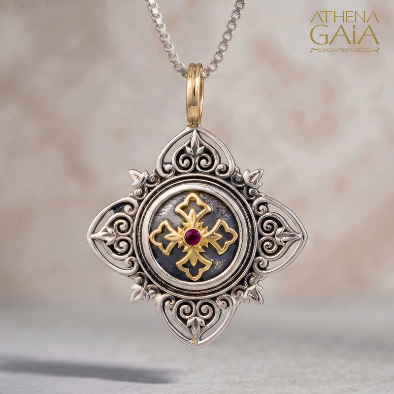 Aretousa Ruby Center Faith Cross (Small) - 18k Gold & Sterling Silver - Cross Pendant
