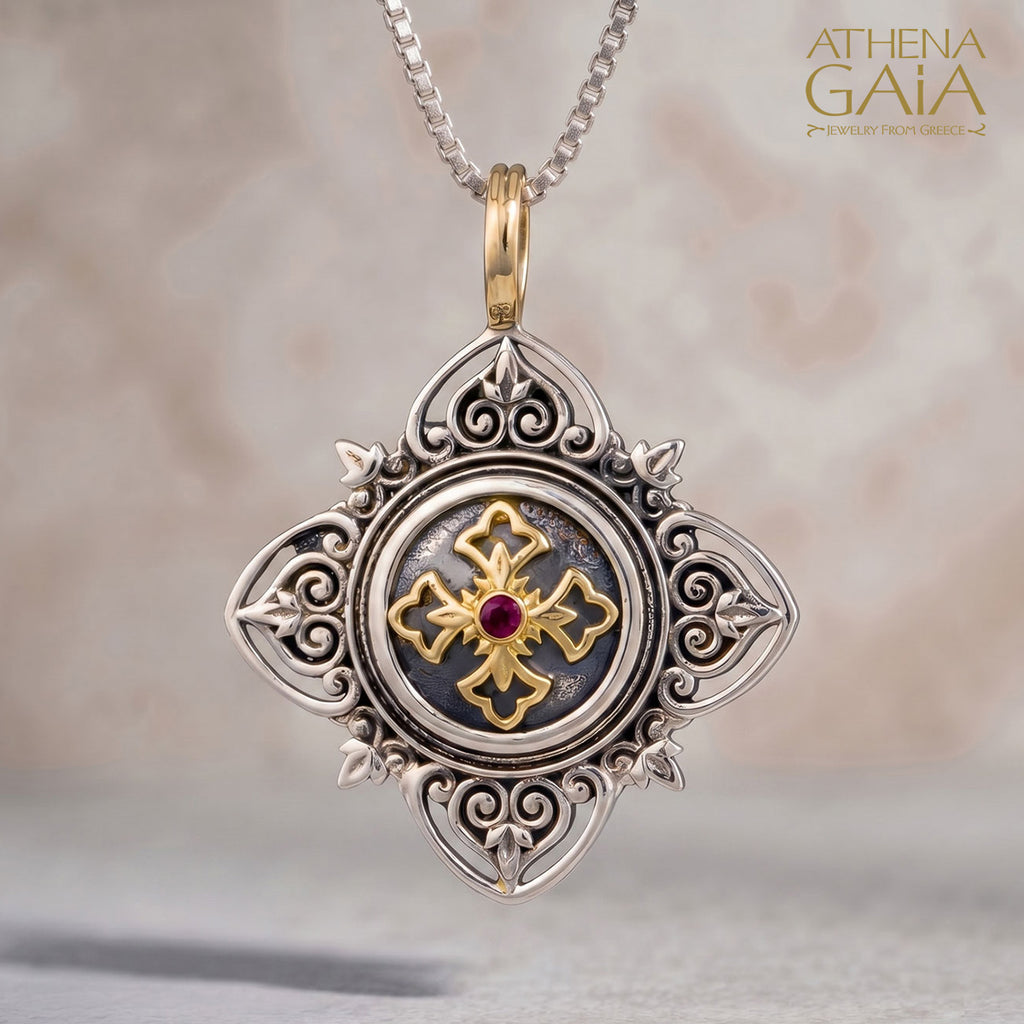 Aretousa Ruby Center Faith Cross (Small) - 18k Gold & Sterling Silver - Cross Pendant