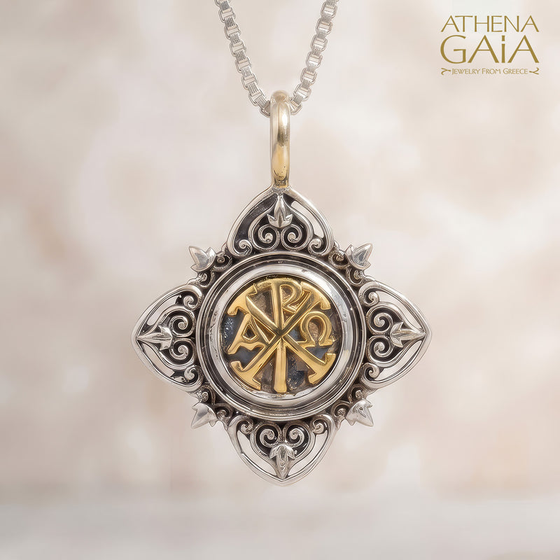 Aretousa Chi Rho Faith Cross (Small) - 18k Gold & Sterling Silver - Cross Pendant