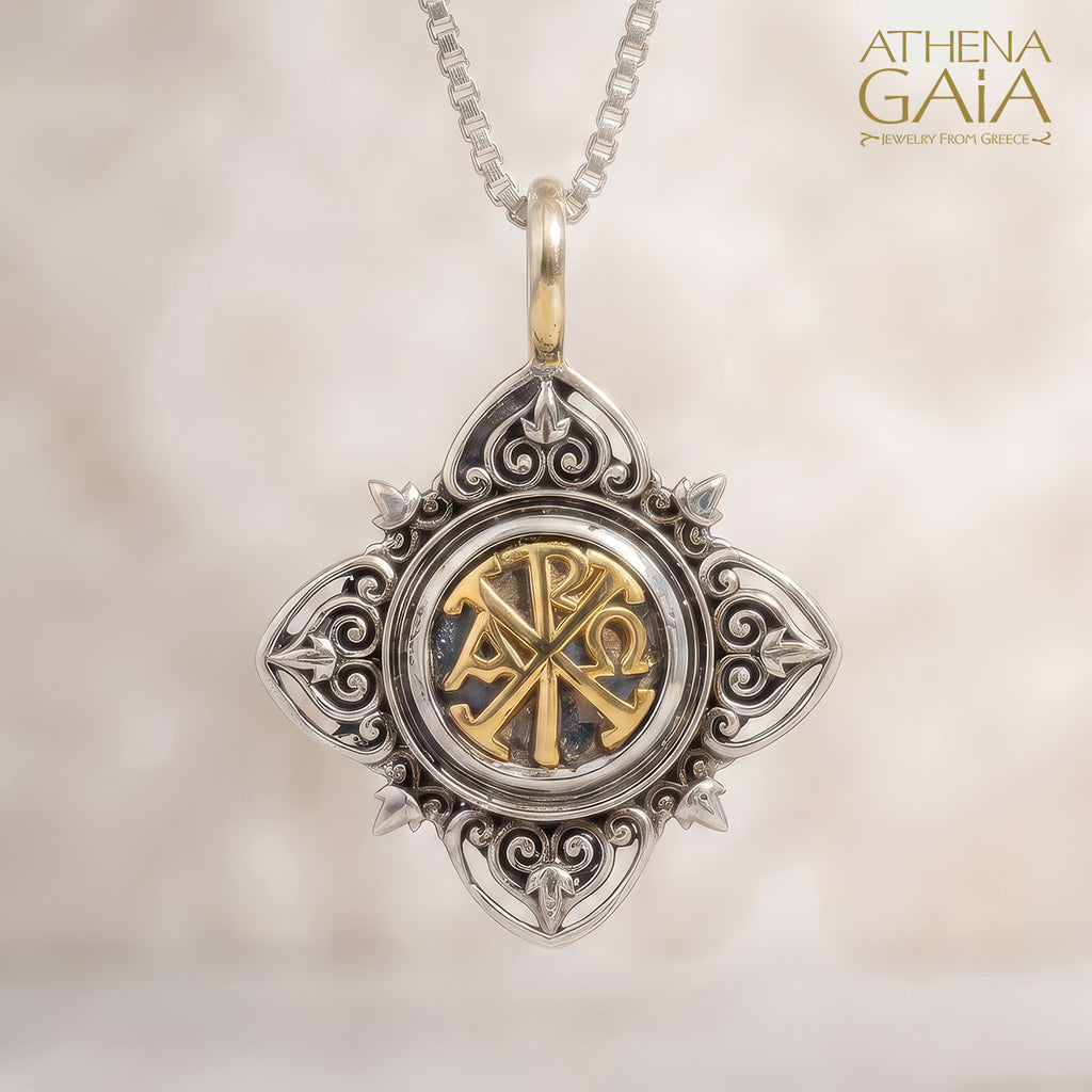 Aretousa Chi Rho Faith Cross (Small) - 18k Gold & Sterling Silver - Cross Pendant