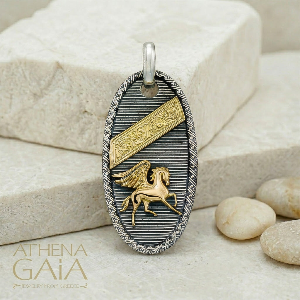 Tablet Pegasus Pendant - 18k Gold & Sterling Silver - Talisman