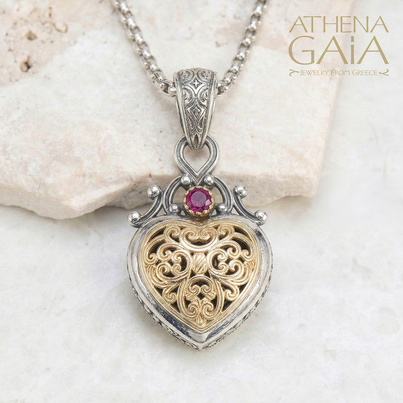 Roxana Heart with Ruby Pendant - 18k Gold & Sterling Silver Pendant
