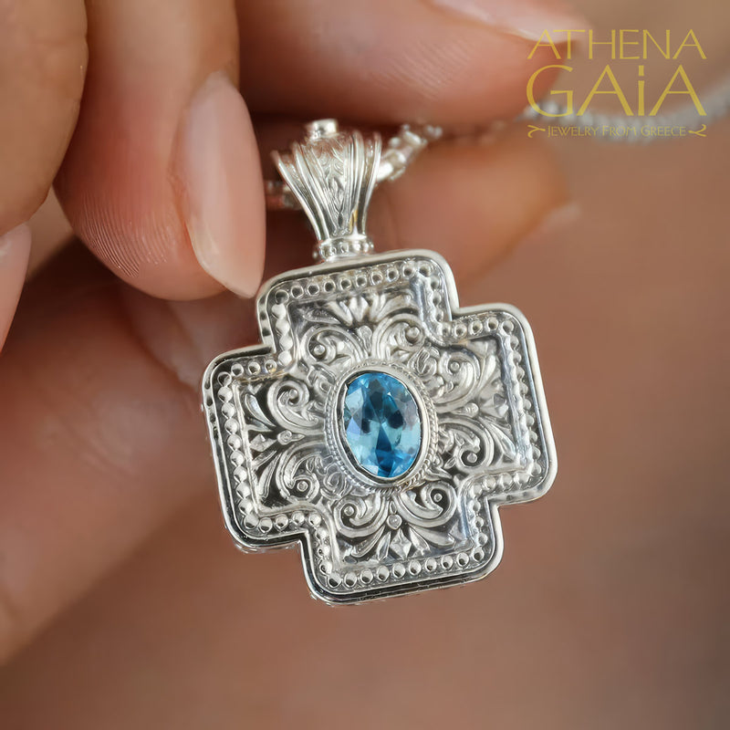 Squared Greek Cross - Sterling Silver with Center Stone - Orthodox Cross Necklace